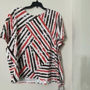 Link Short-Sleeve Striped Tie-Hem Top in White, Red & Brown